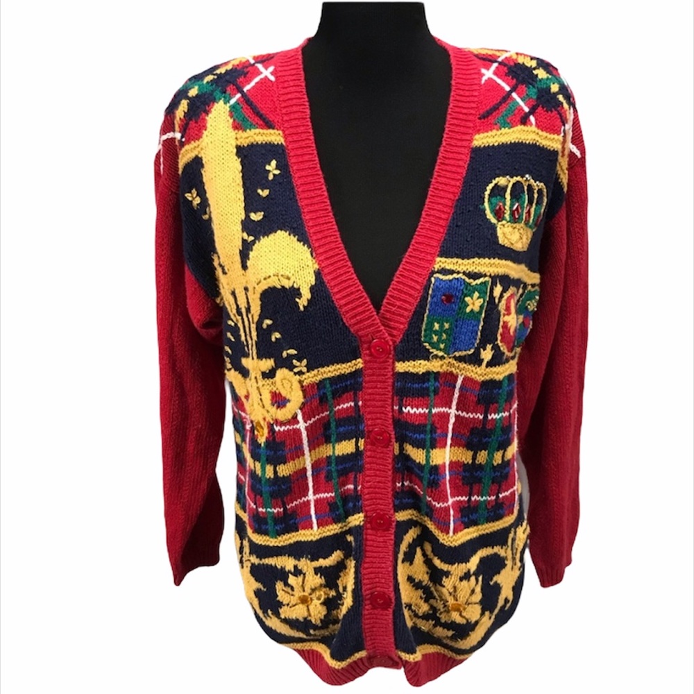 Chaus Coat of Arms Cardigan Sweater, Red, Small